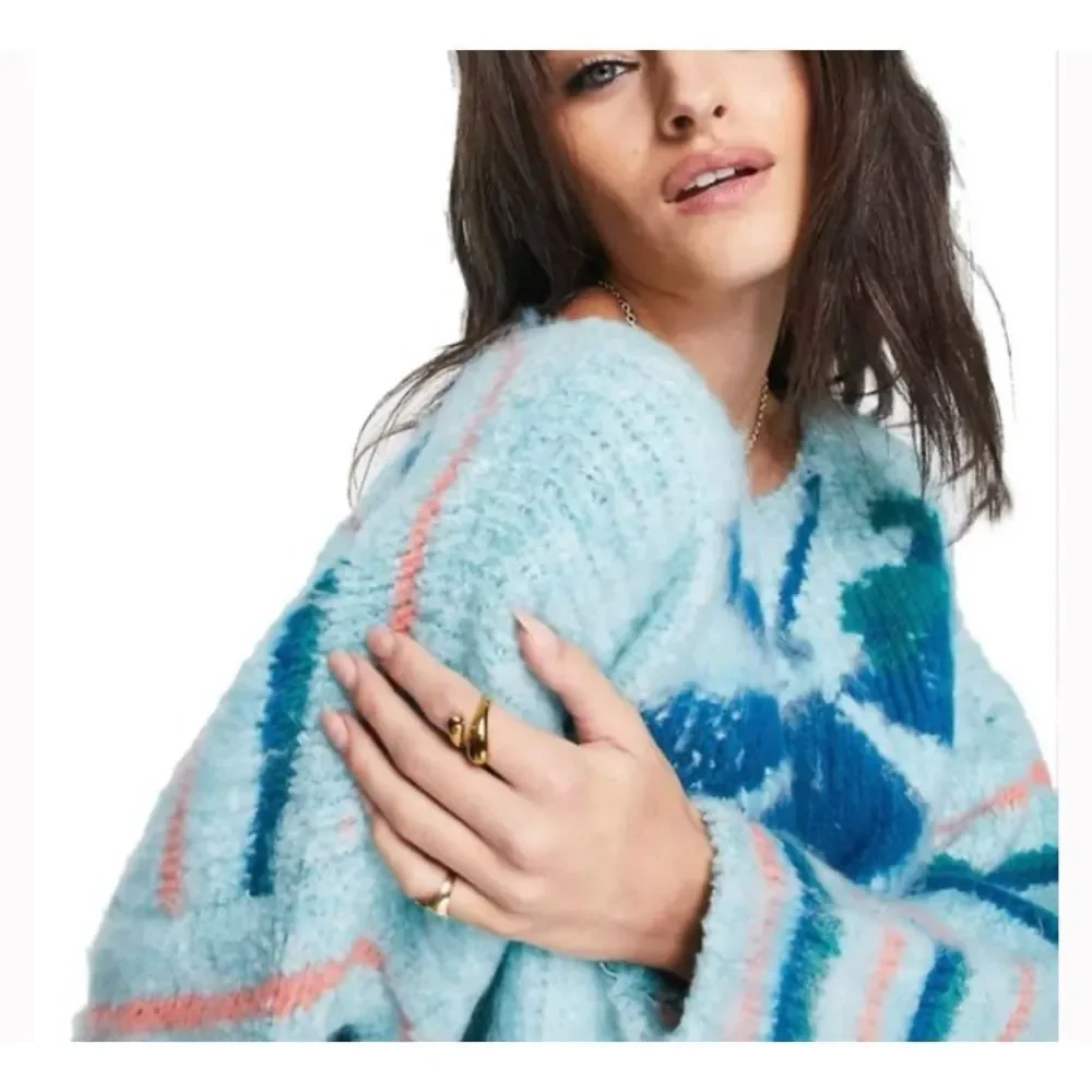 Free People Lily Pullover Sweater In Mosaic Sky Combo Size XS